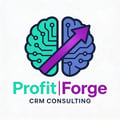 A brain made of circuitry in teal and purple with an upward arrow and the text "ProfitForge CRM Consulting"